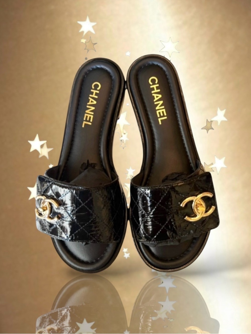 🆕🩷CHANEL Black Quilted Patent Slide On Sandals Mules CC Turn Lock • 37 EU • NWT